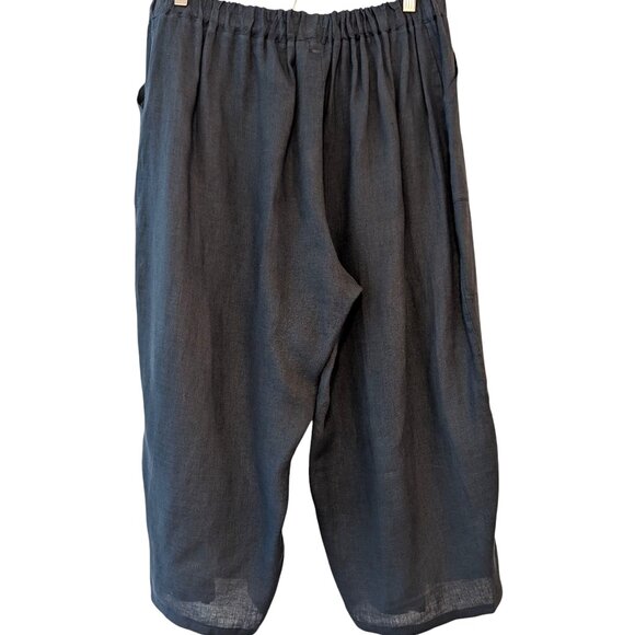 Pure Venice Women Sz M Blue 100% Linen Elastic Waist Pockets Wide Leg Crop Pants - Picture 2 of 7